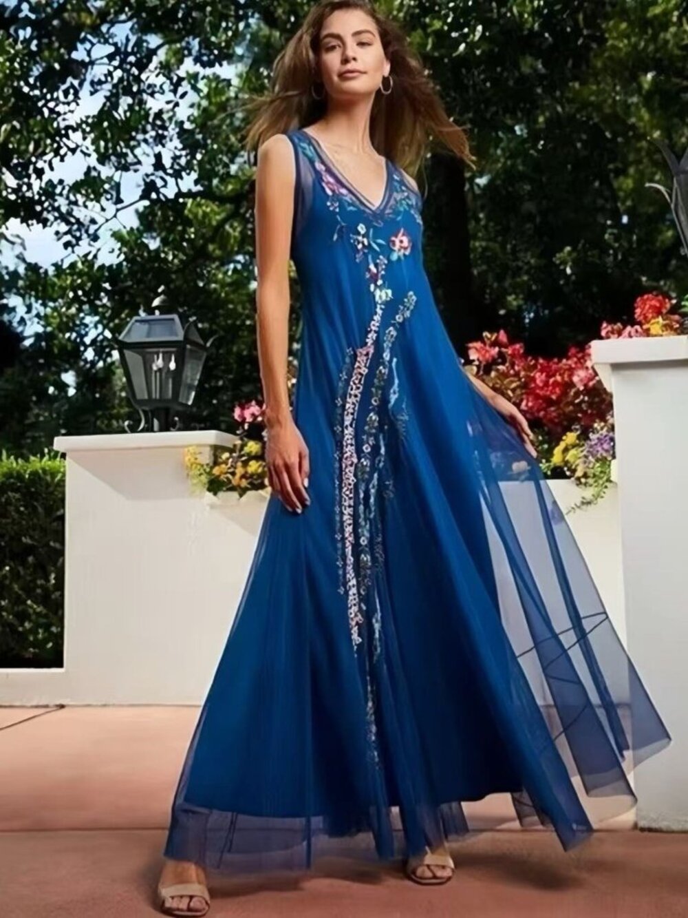 NWT Johnny Was Biya Mazzy Bias Embroidered Floral Blue Mesh Maxi Dress Sz XS